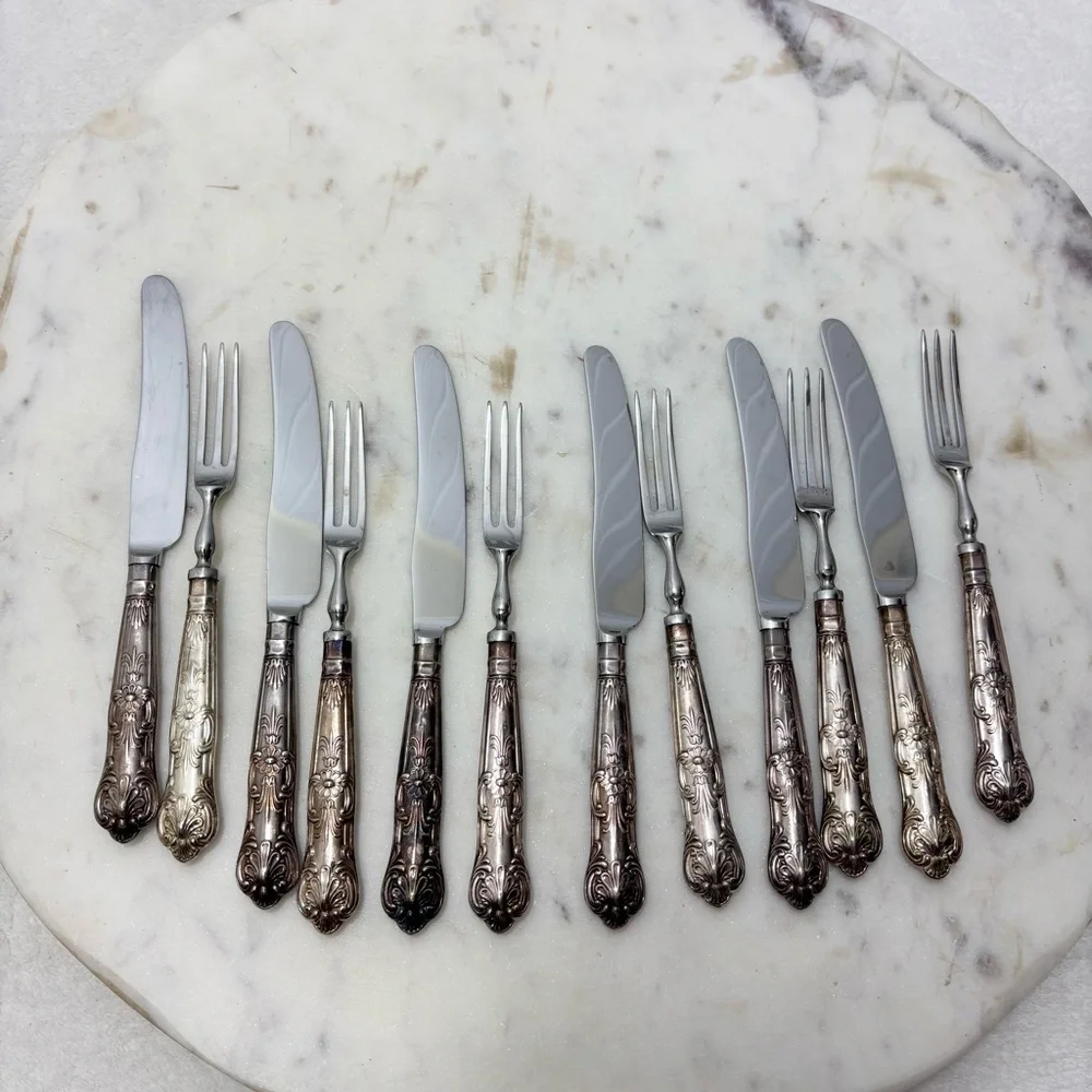 Vintage SHEFFIELD Stainless Steal Ornate‎ Silverware Set Decorative Handles 12
